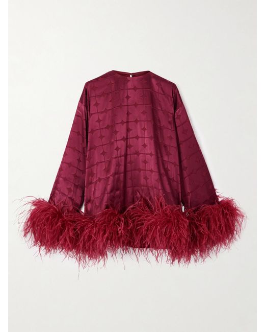 Dima Ayad Red Geometric Feather-Trimmed Devoré-Satin Blouse
