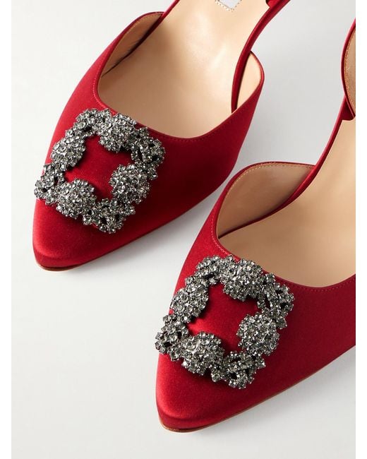 Manolo Blahnik Red Hangisli 50 Slingback-Pumps Aus Satin Mit Verzierung