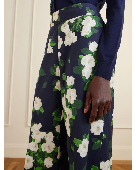Carolina Herrera Blue Diane Floral-Print High-Rise Cotton-Blend Wide-Leg Pants