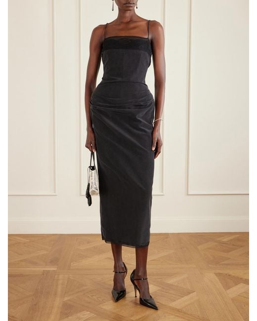 Magda Butrym Blue Draped Lace-Trimmed Silk-Satin Midi Dress
