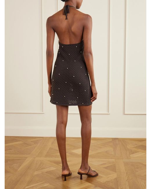 Staud Brown Isola Embellished Crocheted Cotton Halterneck Mini Dress