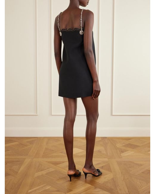 Valentino Garavani Black Crystal-Embellished Lace-Trimmed Wool And Silk-Blend Crepe Mini Dress