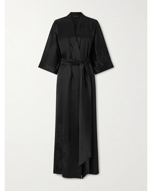 Carine Gilson Black Belted Floral-Embroidered Silk-Satin Kimono