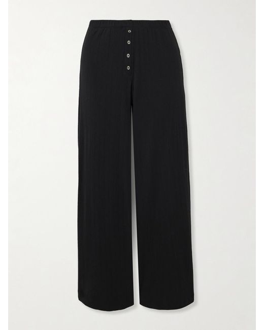 Leset Black Boxer Pointelle-Knit Cotton Wide-Leg Pants