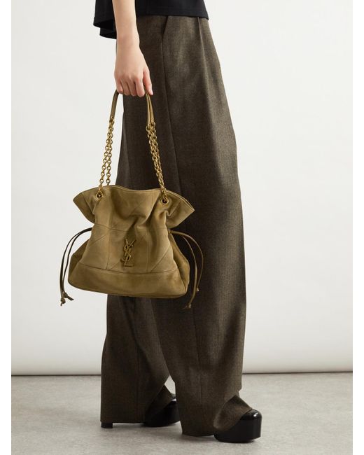 Saint Laurent Natural Jamie Schultertasche Aus Gestepptem Veloursleder Mit Lederbesätzen Und Applikation