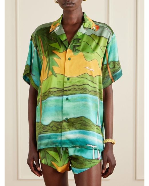 Donde Esteban Green Magdalena Printed Silk-Blend Satin Shirt