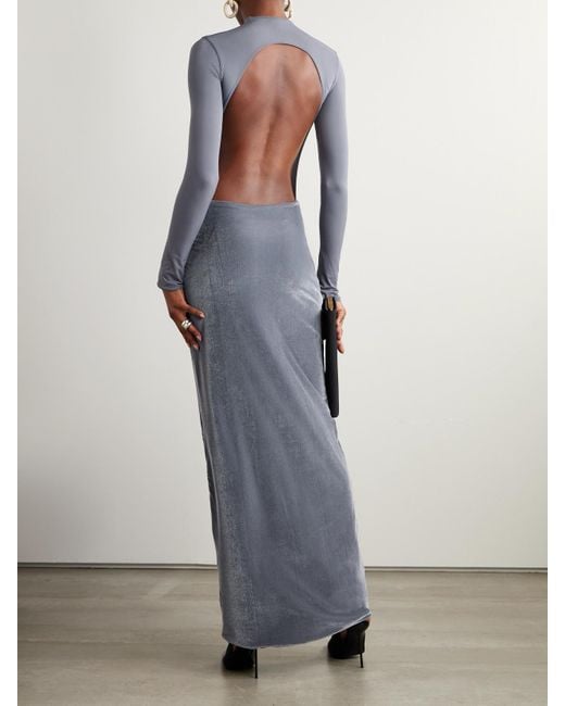 Maygel Coronel Gray Borelli Appliquéd Gathered Open-Back Jersey-Trimmed Velvet Maxi Dress