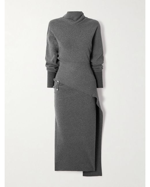Lanvin Gray Embellished Draped Wool-Blend Turtleneck Midi Dress