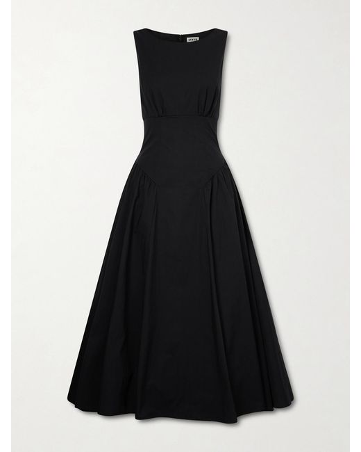Staud Black Gwen Paneled Pleated Cotton-Blend Poplin Midi Dress
