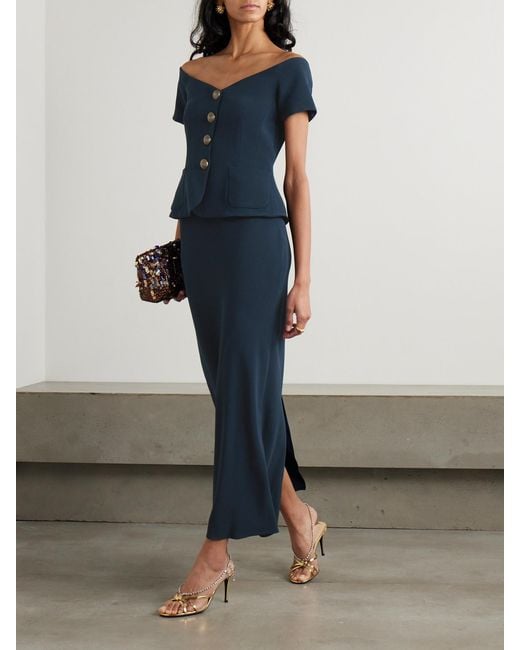 Saloni Blue Clementine Off-The-Shoulder Embellished Cady Midi Dress