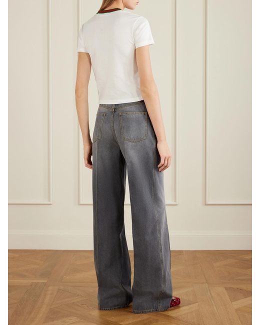 Gucci White Cropped Striped Embroidered Cotton-Jersey T-Shirt