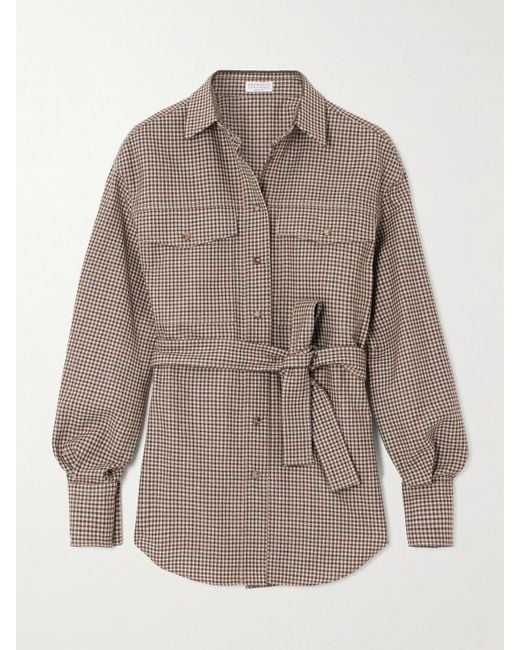 Brunello Cucinelli Gray Belted Bead-Embellished Checked Wool Shirt