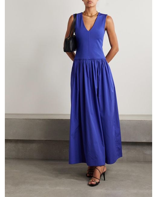 Esse Studios Blue Stretch-Knit And Gathered Organic Cotton-Poplin Maxi Dress