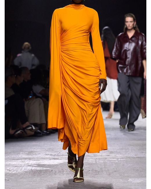 Bottega Veneta Orange Draped Gathered Jersey Maxi Dress
