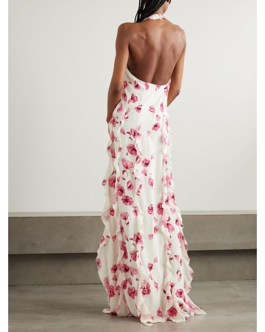 Emilia Wickstead Pink Fleurine Ruffled Floral-Print Silk Crepe De Chine Halterneck Gown