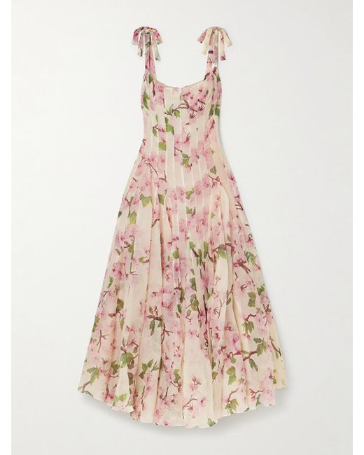 Oscar de la Renta Natural Pleated Floral-Print Silk-Blend Organza Gown