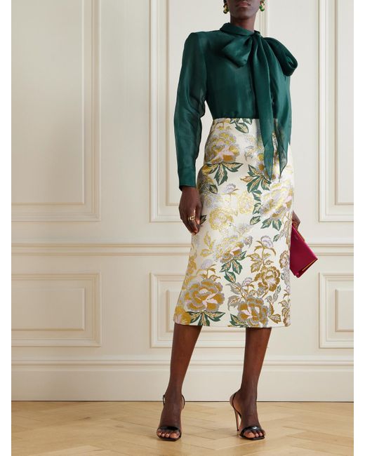 Carolina Herrera Green Pussy-Bow Silk-Organza Blouse