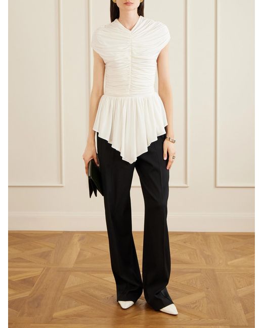 TOVE White Gabor Ruched Ruffled Stretch-Jersey Blouse