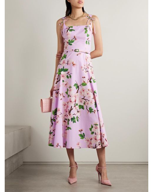 Oscar de la Renta Pink Midikleid Aus Stretch-Baumwollpopeline Mit Blumenprint, Gürtel Und Schleifen
