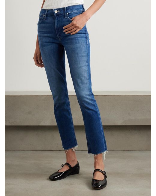 Mother Blue The Dazzler Ankle Frayed Mid-Rise Slim-Leg Jeans
