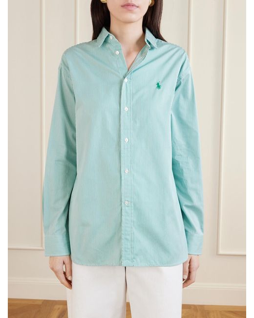 Polo Ralph Lauren Blue Embroidered Striped Cotton-Poplin Shirt