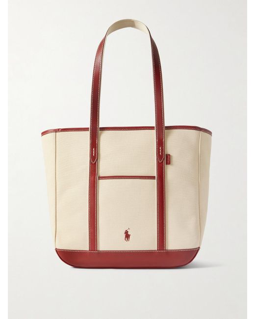 Polo Ralph Lauren Pink Medium Leather-Trimmed Cotton-Blend Canvas Tote