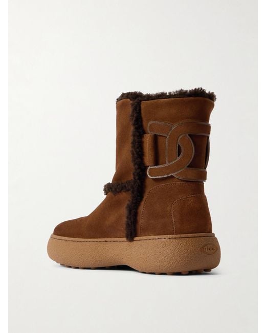 Tod's Brown Shearling-Lined Leather-Trimmed Suede Ankle Boots