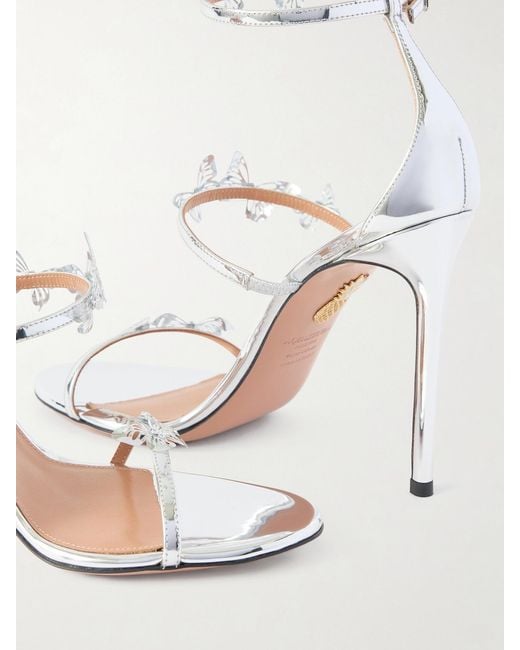 Aquazzura White Papillon Sauvage 105 Embellished Metallic-Leather Sandals