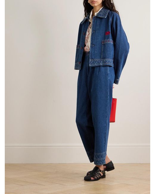 Bode Blue Murray High-Rise Pleated Embroidered Wide-Leg Jeans