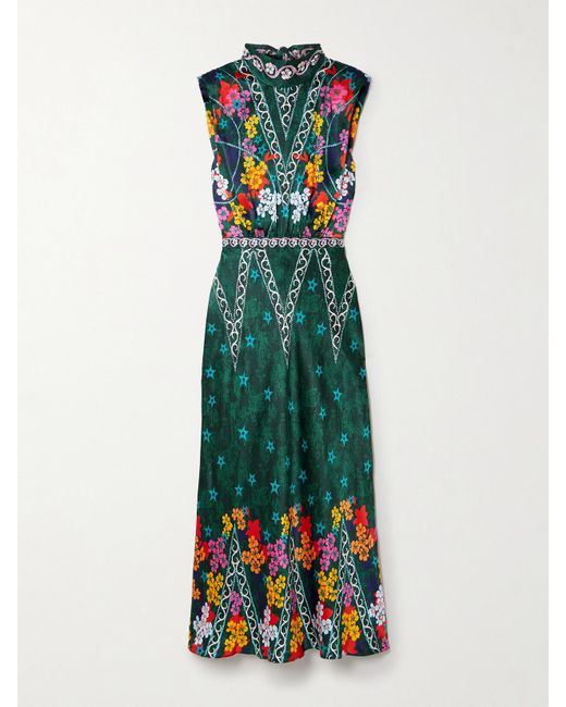 Saloni Green Fleur Open-Back Printed Silk-Satin Midi Dress