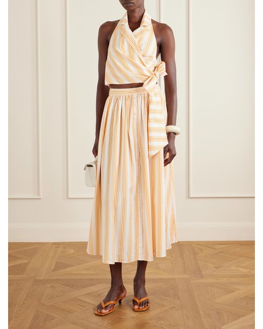 Rosie Assoulin Natural Easy Does It Pleated Striped Cotton-Poplin Midi Skirt