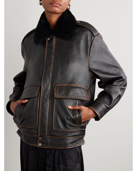 Nour Hammour Black Drey Distressed Shearling-Trimmed Leather Jacket