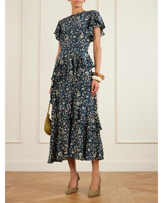 Ulla Johnson Blue Amaia Ruffled Printed Silk Crepe De Chine Midi Dress