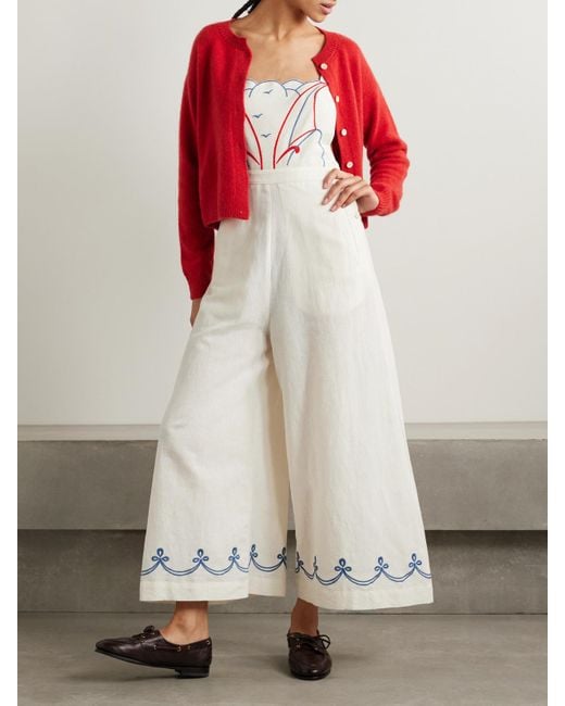 Bode White Jumpsuit Aus Einer Baumwoll-Leinenmischung Mit Stickereien