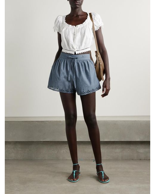 Ulla Johnson Blue Elowen Belted Tulle-Trimmed Embroidered Cotton-Chambray Shorts