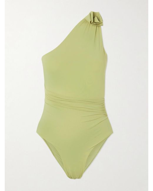 Maygel Coronel Yellow Ecos One-Shoulder Appliquéd Ruched Swimsuit