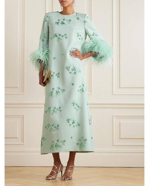 Huishan Zhang Green Elias Feather-Trimmed Embellished Recycled Crepe-Jersey Gown