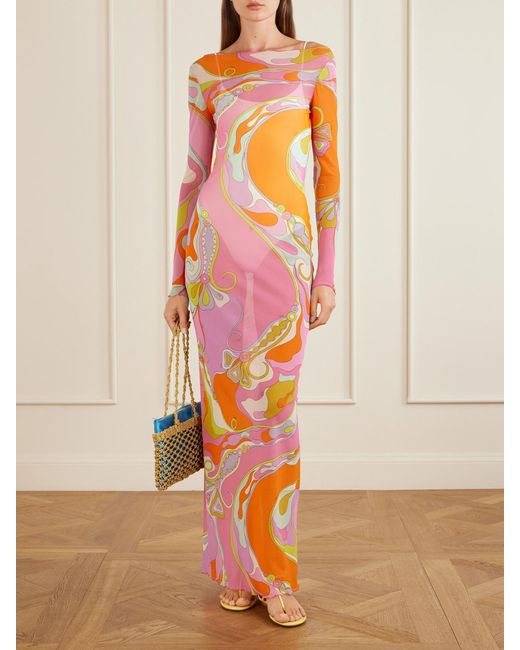 Emilio Pucci Pink Printed Tulle Maxi Dress