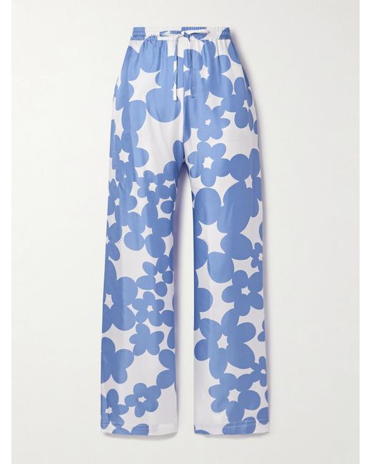 Marni Blue Floral-Print Silk-Satin Twill Straight-Leg Pants