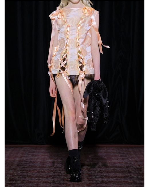 Simone Rocha Pink Unraveling Ribbon Lace-Up Frayed Brocade Top
