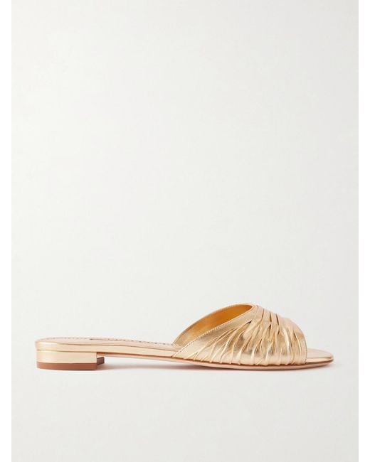 Manolo Blahnik Natural Parua Pleated Metallic Leather Slides