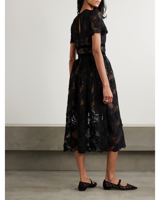 Self-Portrait Belted Velvet-Trimmed Corded Lace Midi Dress in Black | Lyst  UK