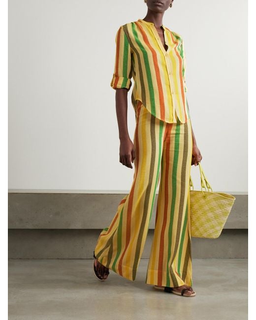 Suzie Kondi Yellow Elira Striped Cotton-Gauze Wide-Leg Pants