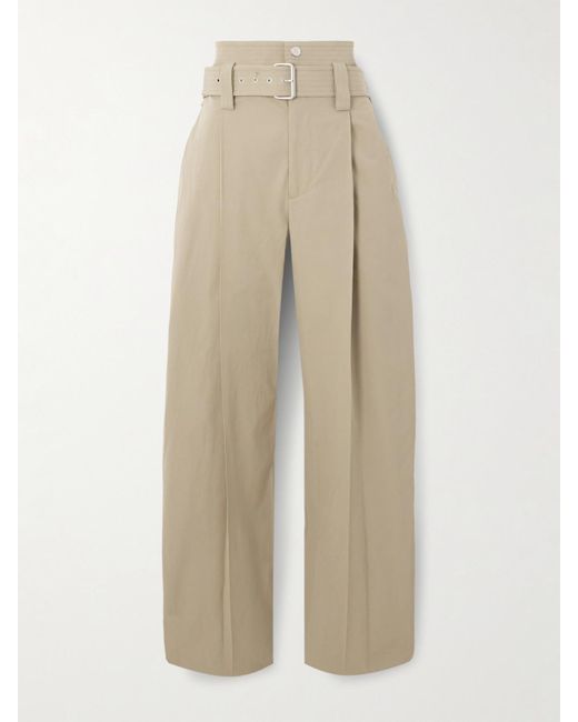 Bottega Veneta Natural Belted Pleated Cotton-Blend Straight-Leg Pants