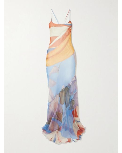 Donde Esteban White Palenque Flores Open-Back Printed Silk-Chiffon Maxi Dress