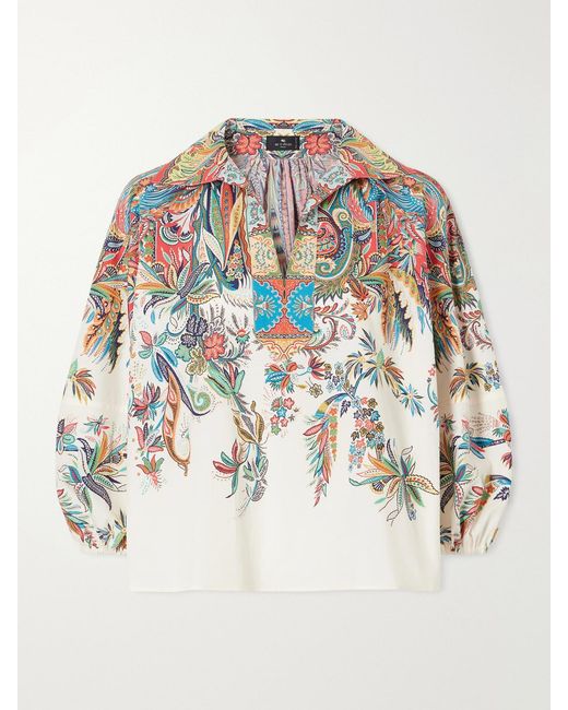 Etro White Floral-Print Cotton-Poplin Blouse