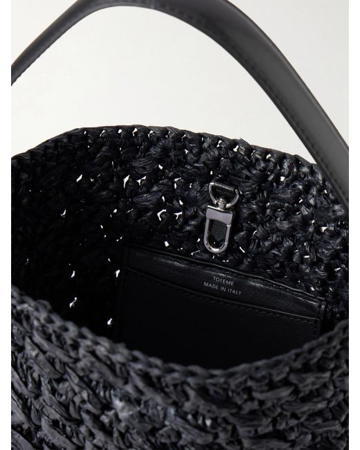 Totême  Black Belted Small Leather-Trimmed Raffia Shoulder Bag