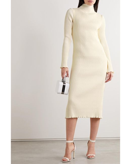 Danielle Frankel Natural Adrienne Open-Back Plissé Stretch-Satin Midi Dress