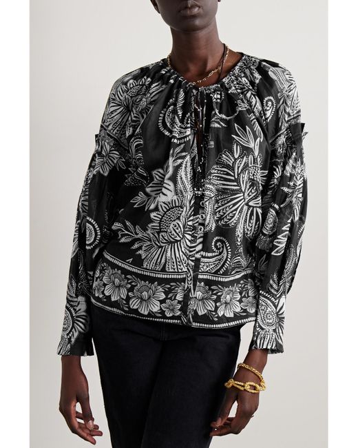 Farm Rio Black Tie-Detailed Bead-Embellished Printed Cotton-Voile Blouse