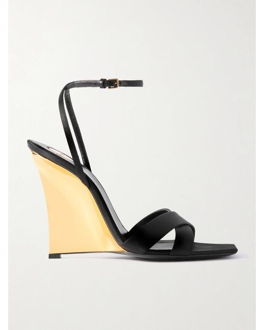 Saint Laurent Black Lucienne Leather-Trimmed Satin Wedge Mules